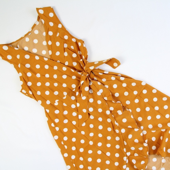 Polka Dot Ruffle Hem Wrap Tie Yellow Maxi Dress - Picture 6 of 8